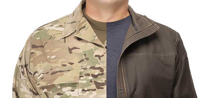 person's upper torso dressed in camo clothing on the left half and civilian clothing on the right half